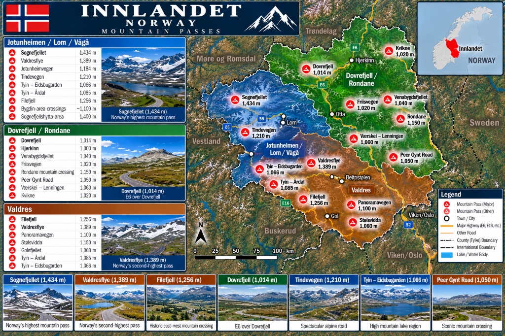 Innlandet Norway Mountain Passes Map
